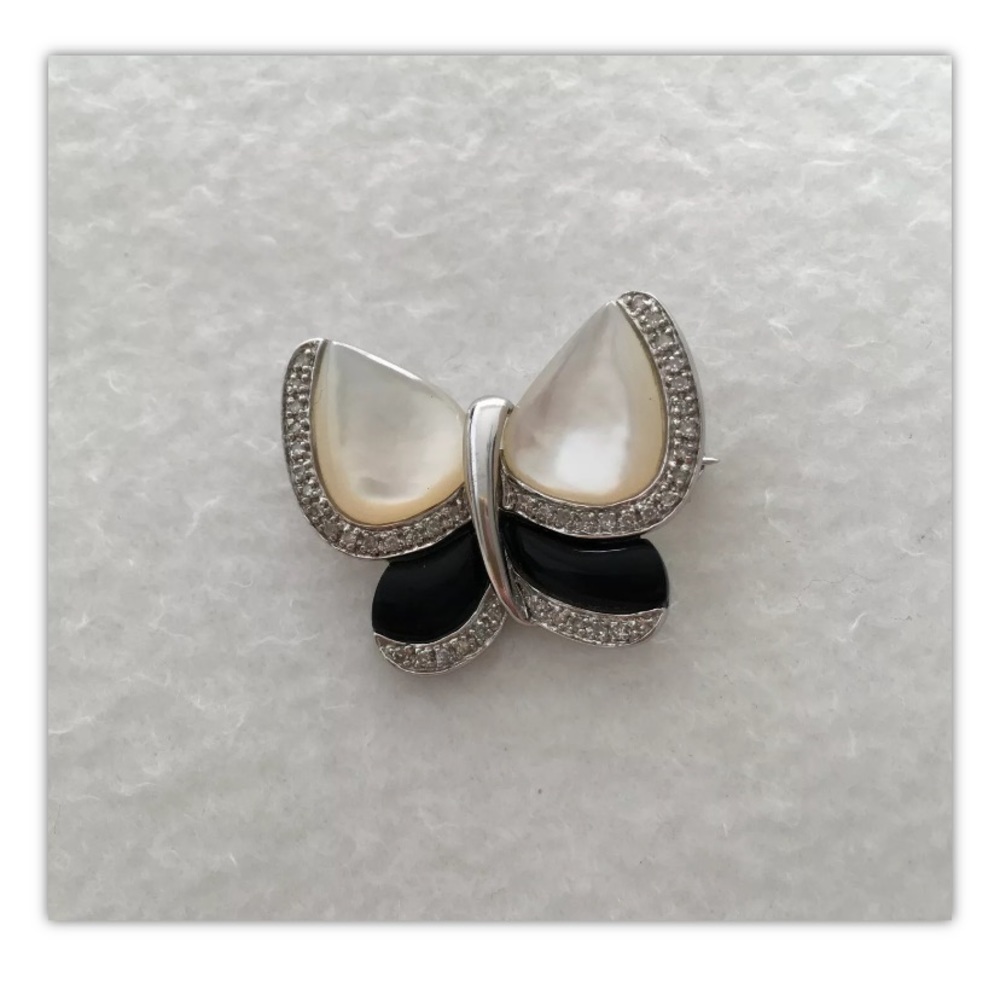 14k TT  white gold Brooch Pin Butterfly Diamond MOP SOnyx Art Deco Style 5.72gr